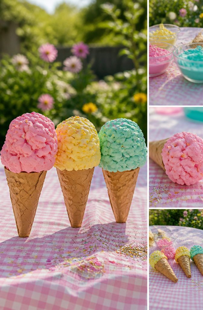 12 Easy August Crafts for Kids: Simple Summer Ideas 4 Colorful puffy paint ice cream cones made from shaving cream and glue.