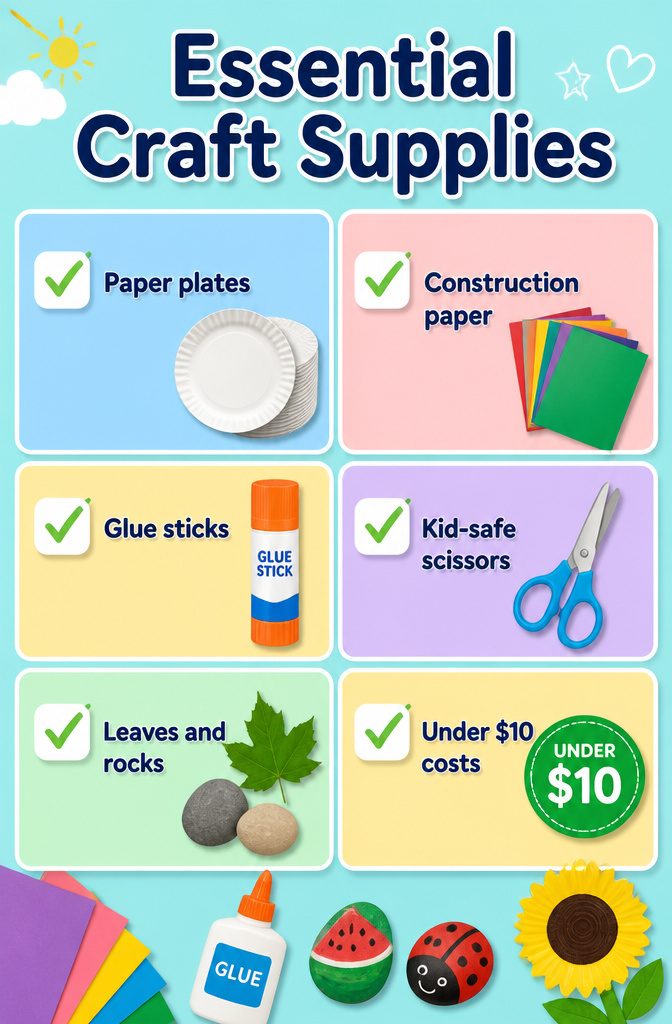 12 Easy August Crafts for Kids: Simple Summer Ideas 15 Basic craft supplies including paper plates, glue, and scissors.
