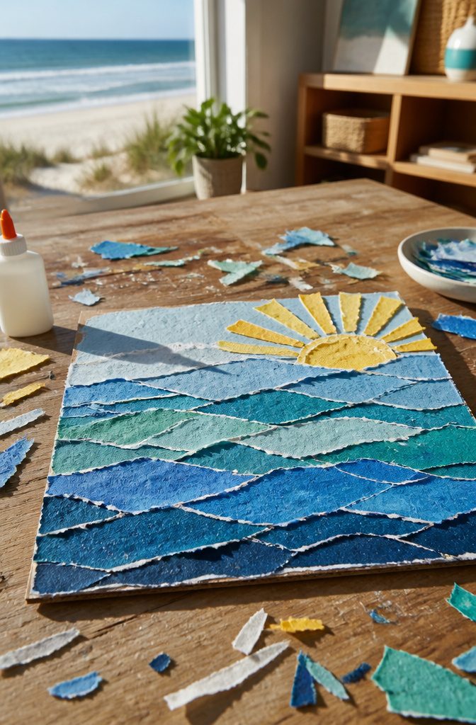 12 Easy August Crafts for Kids: Simple Summer Ideas 10 An ocean scene created with layers of torn blue and green paper.