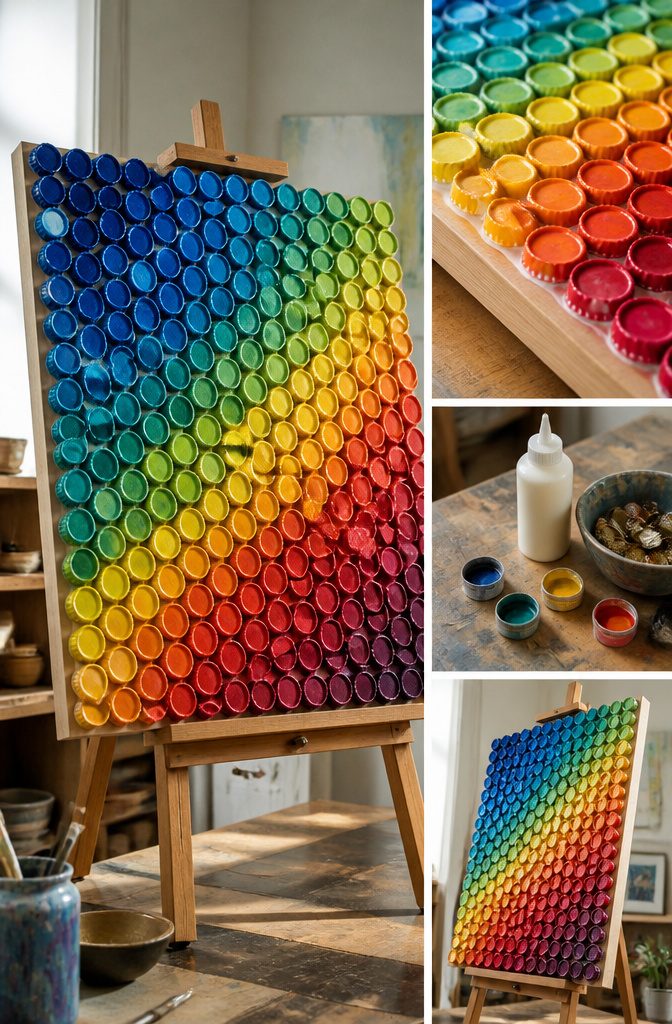 15 Bottle Cap Crafts and Ideas for Kids and Adults 4 A layout of colorful bottle caps arranged for a mosaic art project.