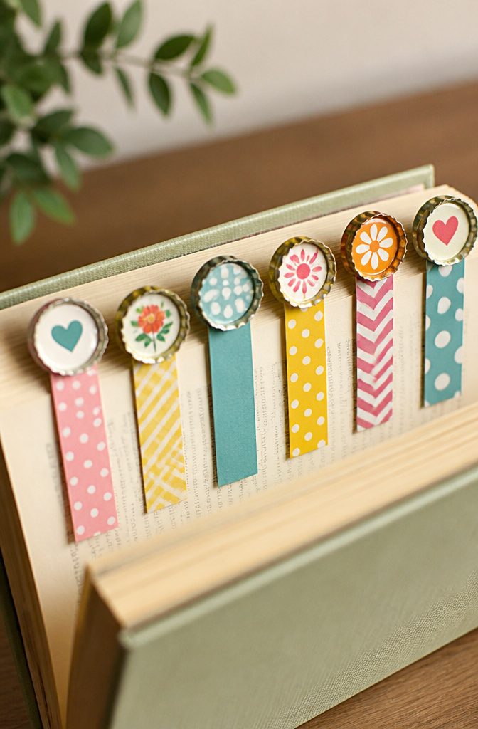 15 Bottle Cap Crafts and Ideas for Kids and Adults 9 A simple bookmark made from a bottle cap glued to a strip of paper.