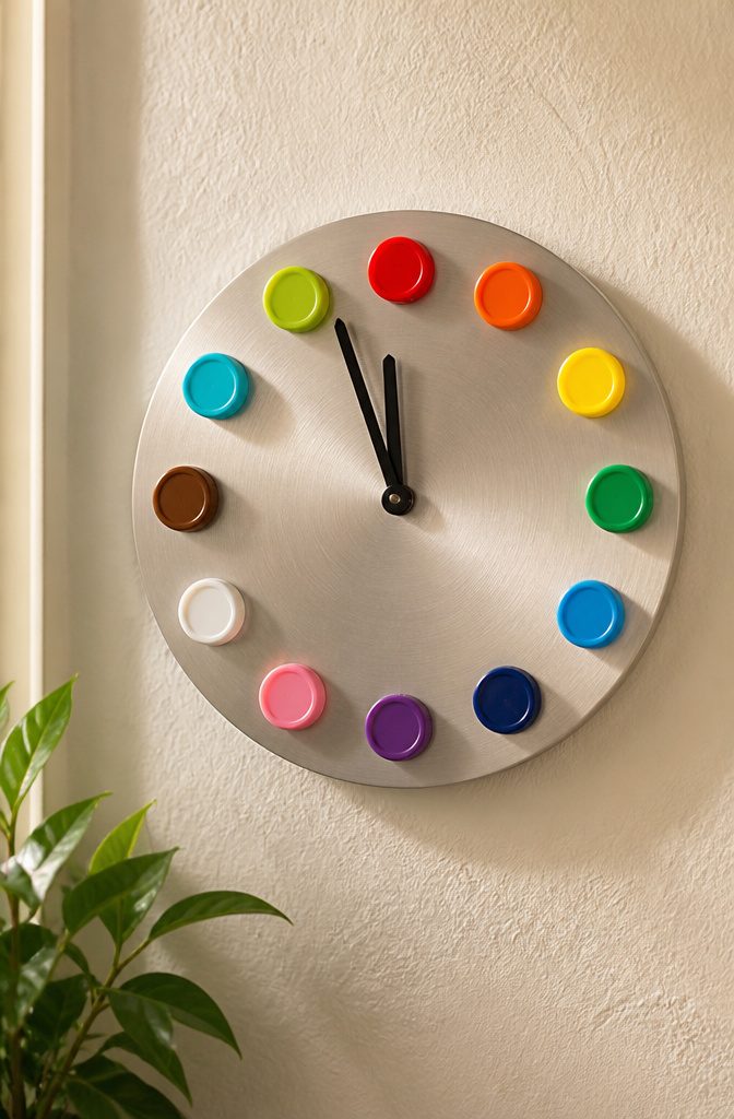 15 Bottle Cap Crafts and Ideas for Kids and Adults 15 A clock face decorated with bright bottle caps marking the hours.