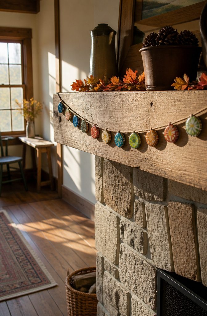 15 Bottle Cap Crafts and Ideas for Kids and Adults 11 A garland made from painted bottle caps strung on twine.