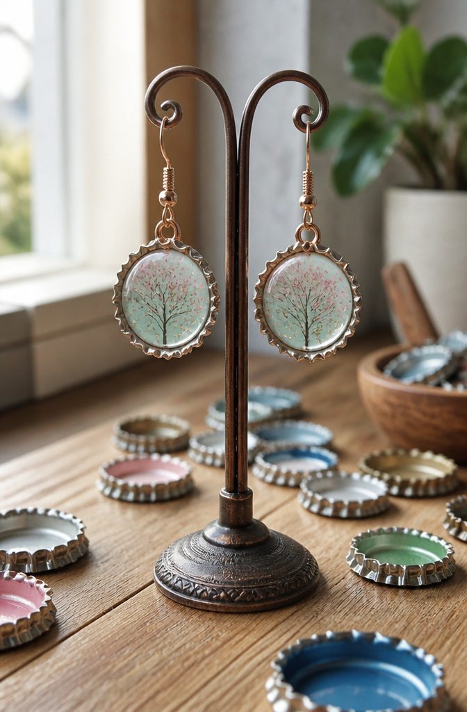 15 Bottle Cap Crafts and Ideas for Kids and Adults 3 A pair of bottle cap earrings hanging from a stand, showcasing their details.