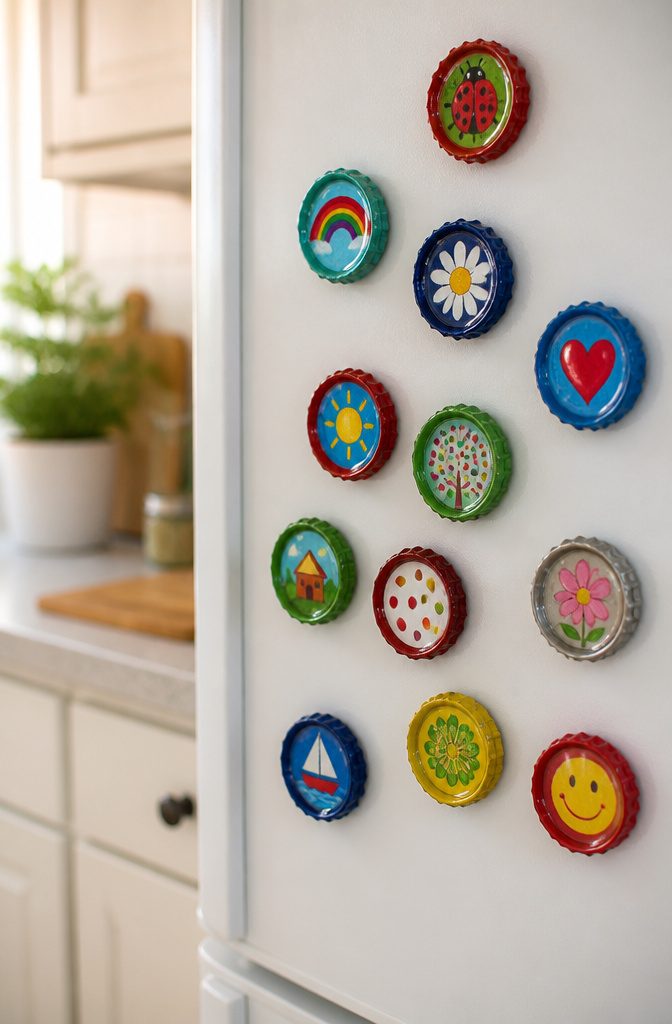 15 Bottle Cap Crafts and Ideas for Kids and Adults 1 Several painted bottle caps attached to magnets, ready to use.