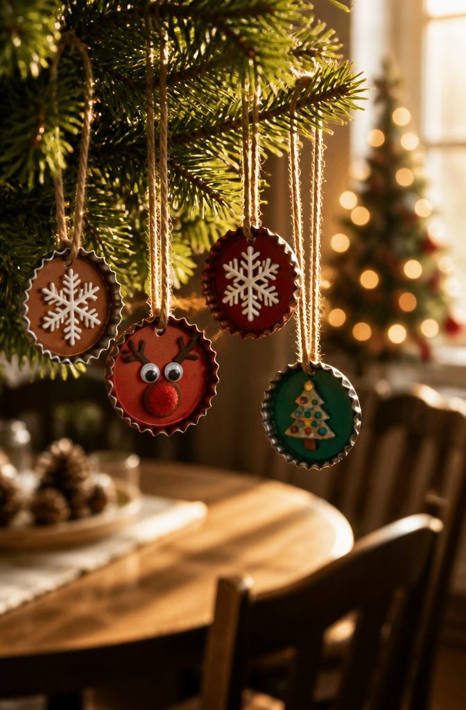 15 Bottle Cap Crafts and Ideas for Kids and Adults 7 Bottle cap ornaments decorated in various styles hanging from an evergreen.