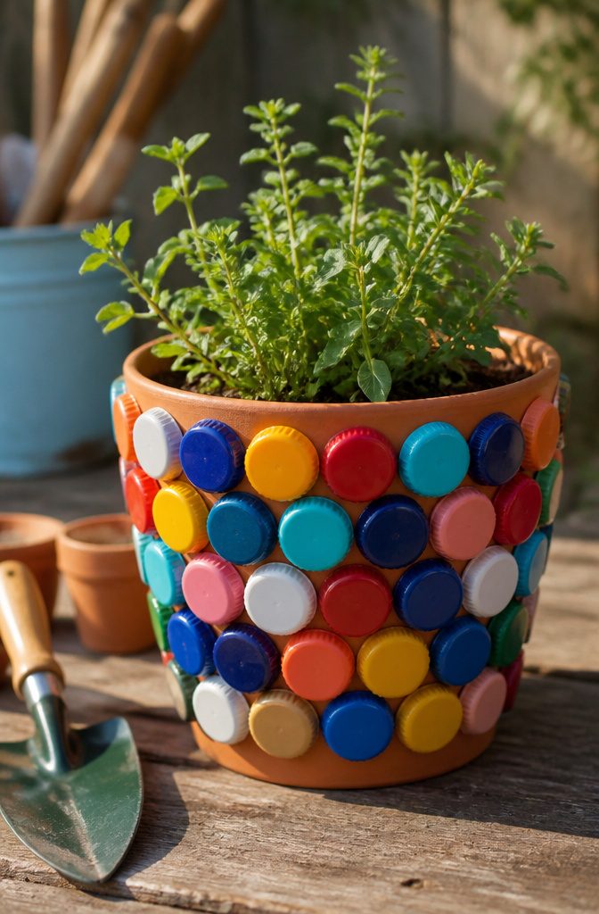 15 Bottle Cap Crafts and Ideas for Kids and Adults 13 A terracotta pot covered in bottle caps, filled with soil and herbs.