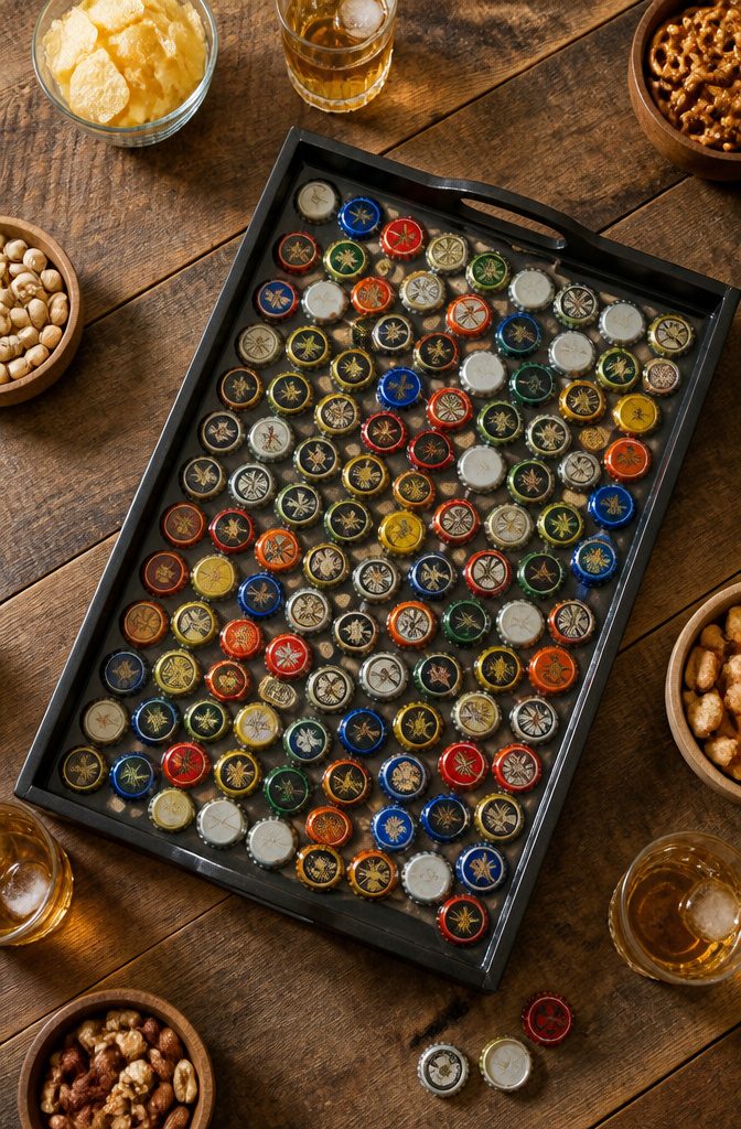 15 Bottle Cap Crafts and Ideas for Kids and Adults 14 A tray with a surface covered in colorful bottle caps.