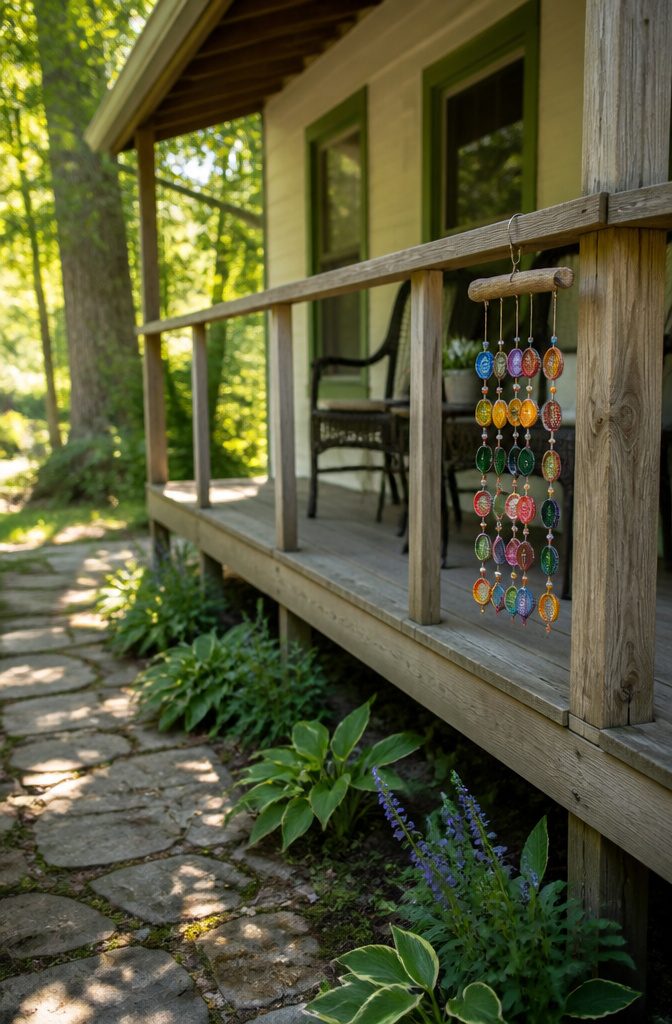 15 Bottle Cap Crafts and Ideas for Kids and Adults 2 Wind chimes made from painted bottle caps hanging from a string.