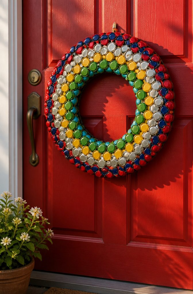 15 Bottle Cap Crafts and Ideas for Kids and Adults 8 A wreath made from bottle caps glued onto a foam ring.