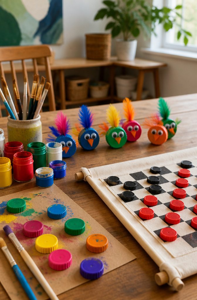 15 Bottle Cap Crafts and Ideas for Kids and Adults 17 A craft table filled with various kid-friendly bottle cap projects.