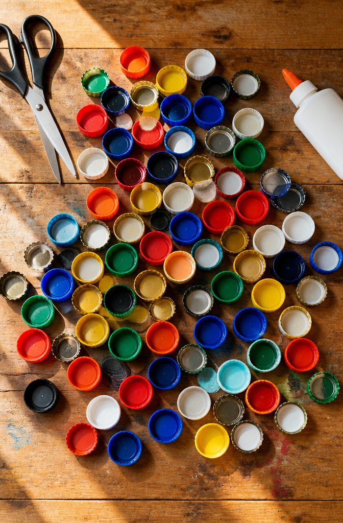 15 Bottle Cap Crafts and Ideas for Kids and Adults 18 A collection of bottle caps intended for upcycling into crafts.