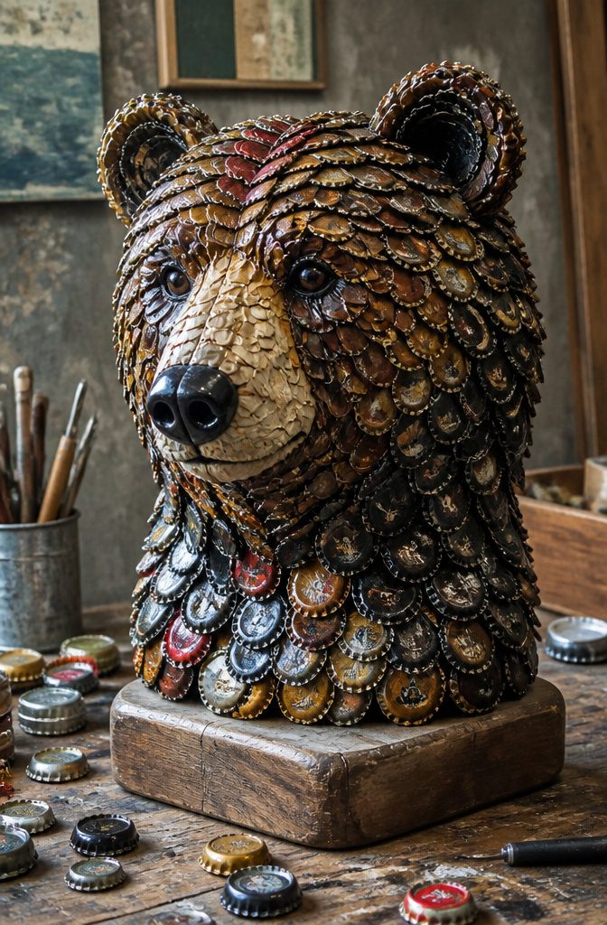 Bottle caps glued to form animal bust sculptures.