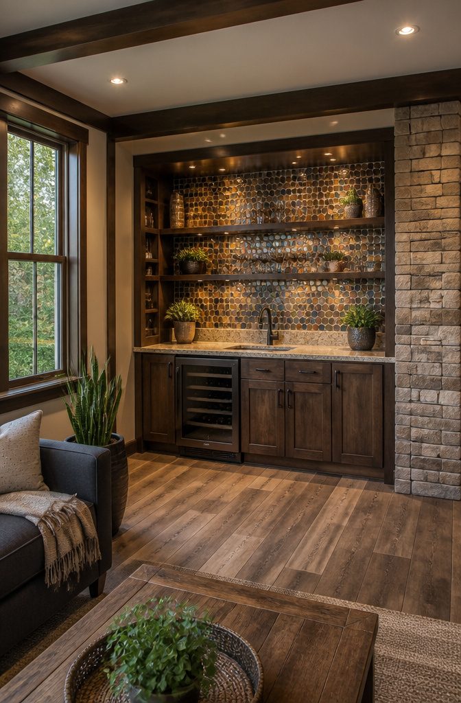 Bottle caps arranged on a wall as a backsplash.