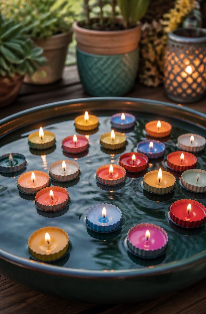 Small candles made from bottle caps floating in water.