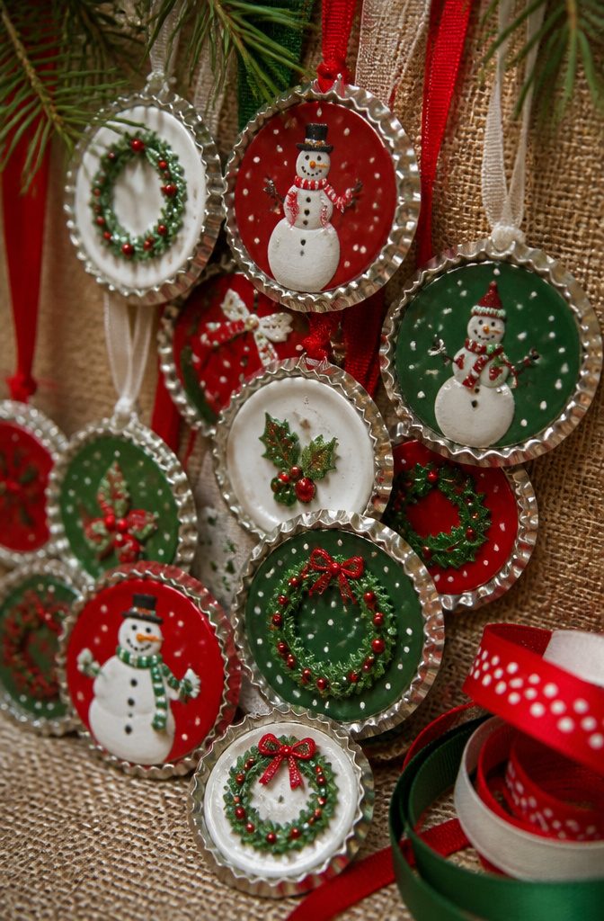 Decorated bottle caps designed as Christmas ornaments.