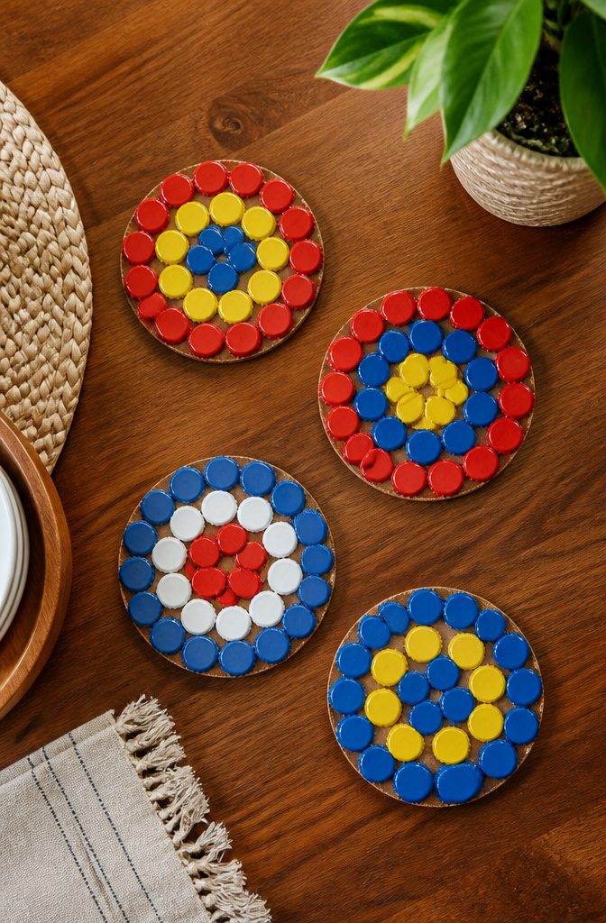 Bottle cap coasters lined up on a cork base.