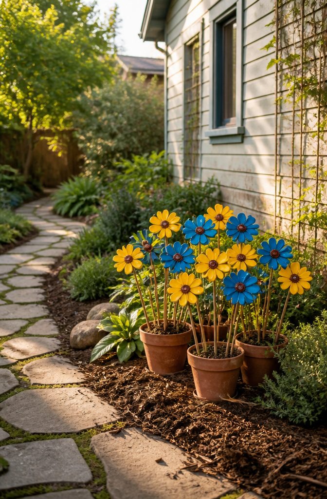 Colorful bottle caps shaped into flowers on wooden stems.