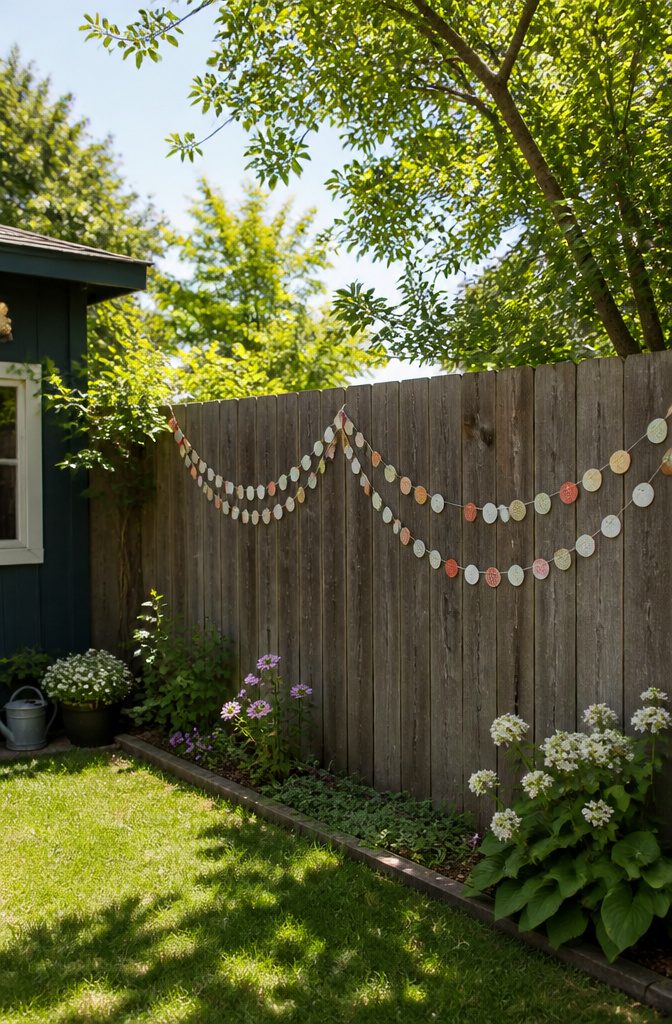 String of bottle caps arranged for a decorative garland.