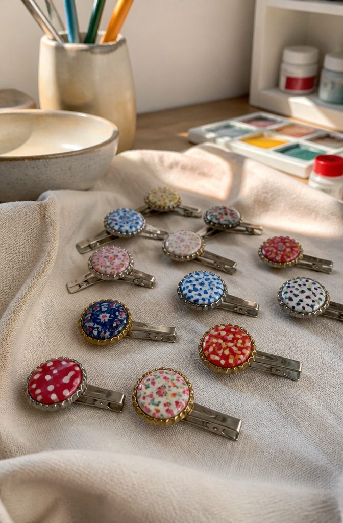 Handmade hair clips decorated with vibrant bottle caps.