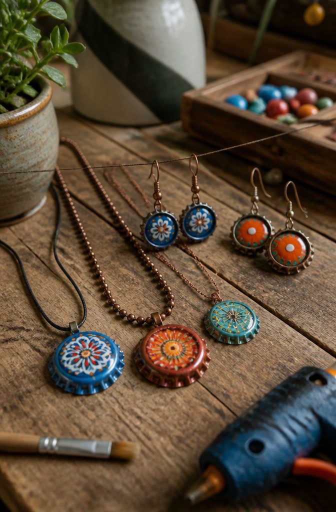 Colorful bottle cap jewelry including pendants and earrings.