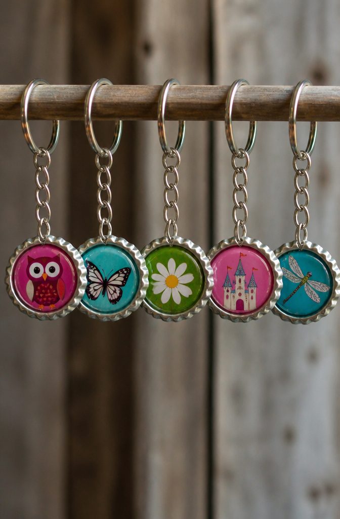 Bottle caps decorated and turned into keychains.