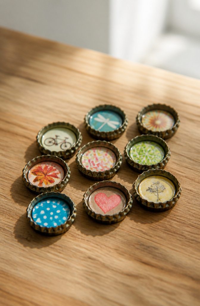 Metal bottle caps glued to small magnets for refrigerator use.