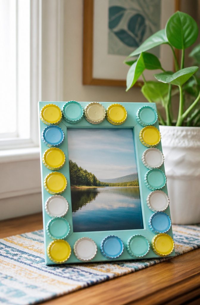 Bottle cap picture frame adorned with colorful caps.