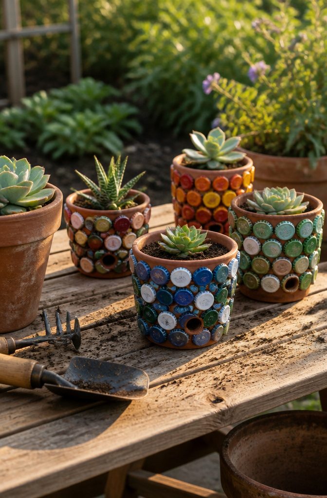 Bottle caps glued around small terra-cotta pots with plants.
