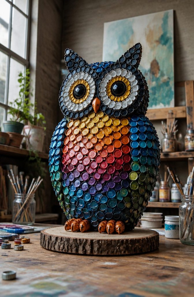Bottle caps glued together to form a sculpture.