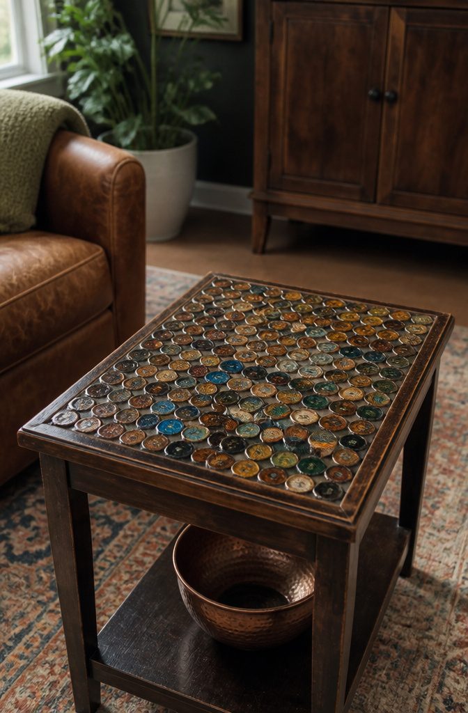Bottle caps arranged on a table and covered with resin.