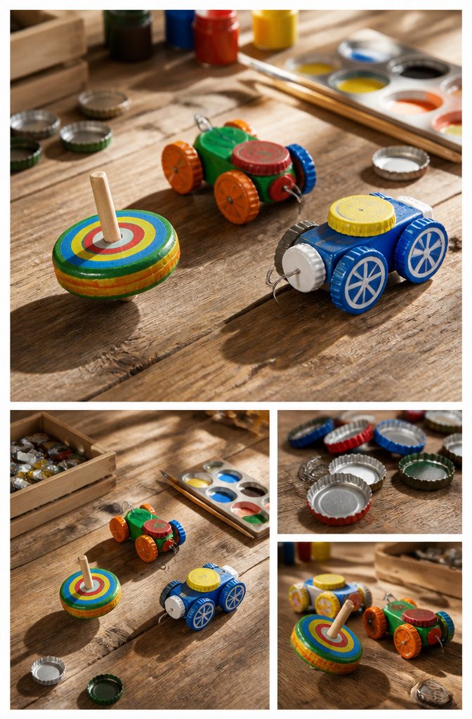 Bottle cap toy spinning top made with a toothpick.