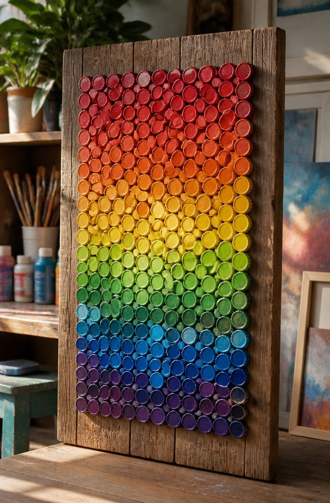 Bottle caps arranged on a board to form wall art.