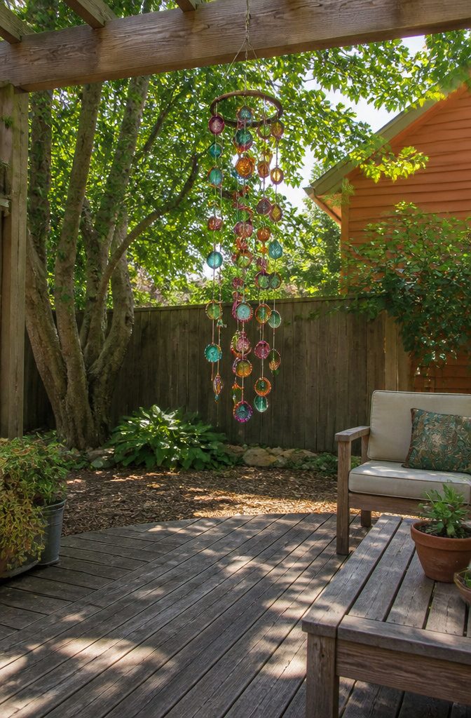 Bottle cap wind chime hanging with colorful caps and beads.