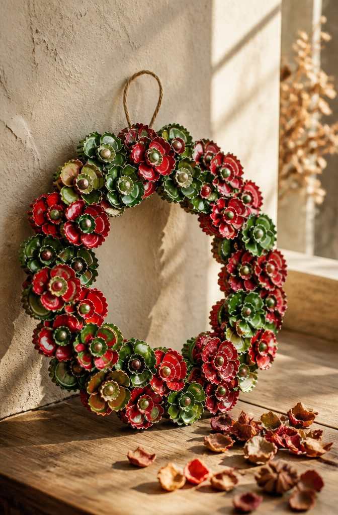 Bottle caps glued onto a wreath form in overlapping rows.