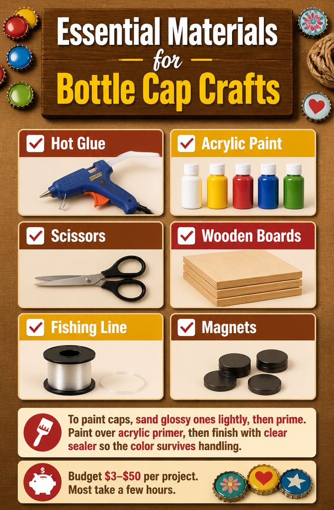 Craft supplies including glue, paint, and wooden boards.