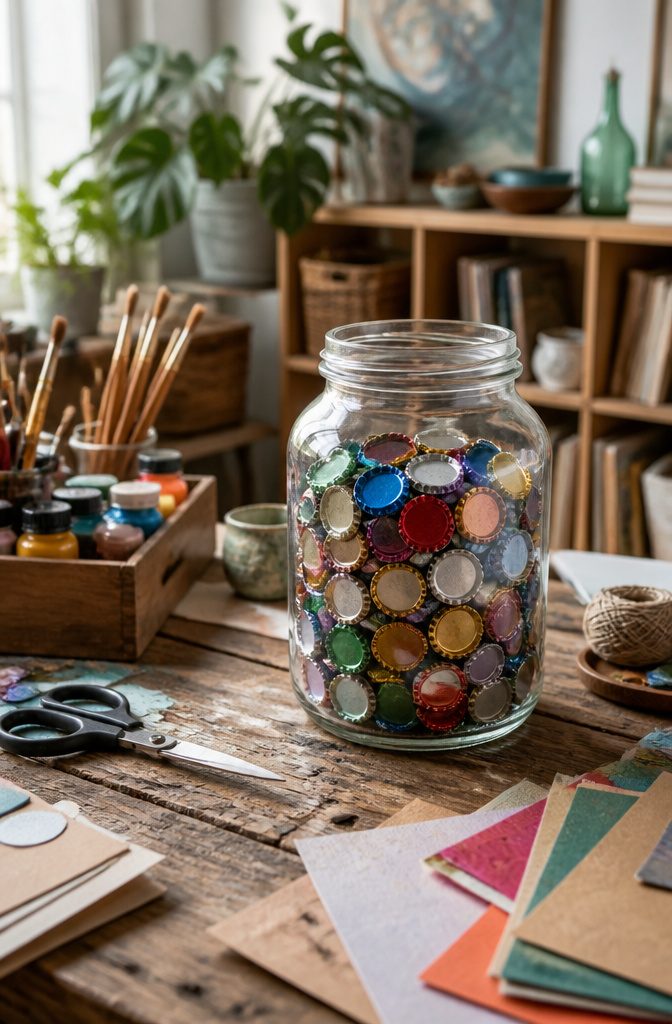 Transparent jar containing a variety of colorful bottle caps.