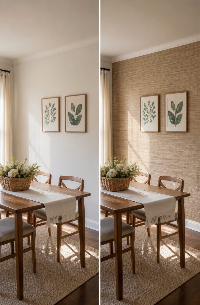14 Budget Home Decor Ideas That Cost Almost Nothing 3 A wall covered with faux grasscloth wallpaper.