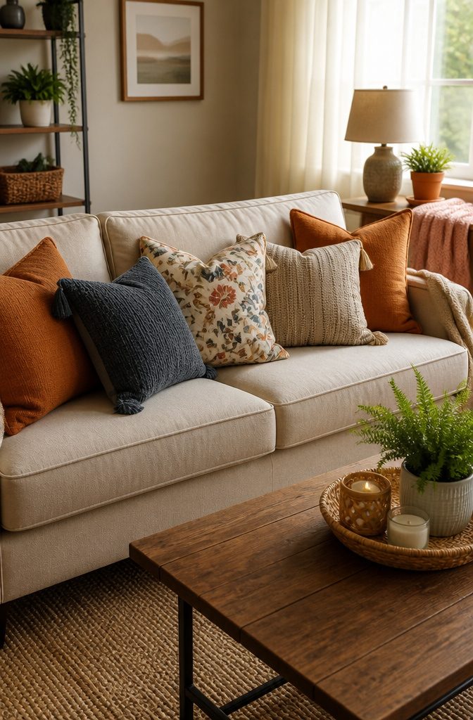 14 Budget Home Decor Ideas That Cost Almost Nothing 4 A sofa adorned with various colorful throw pillows.