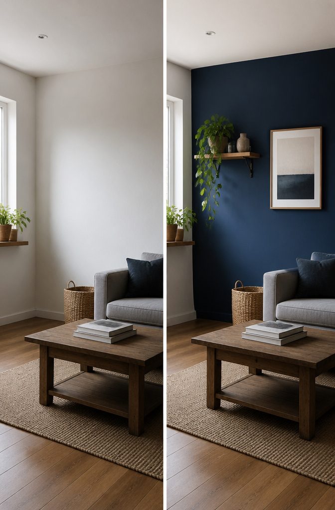14 Budget Home Decor Ideas That Cost Almost Nothing 7 A room featuring a bold accent wall painted in deep blue.