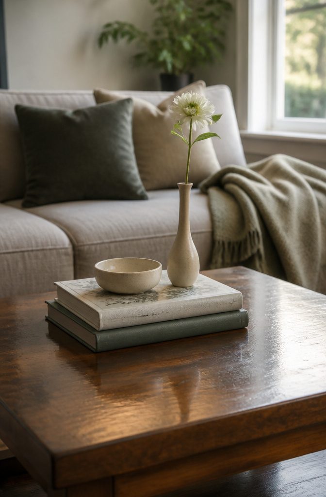 14 Budget Home Decor Ideas That Cost Almost Nothing 14 A coffee table styled with books, pottery, and a fresh flower.