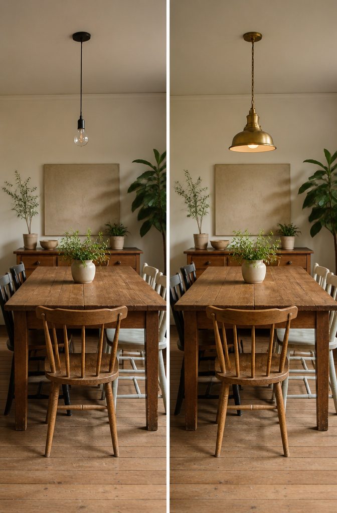 14 Budget Home Decor Ideas That Cost Almost Nothing 10 A stylish brass schoolhouse light fixture replacing an old overhead light.