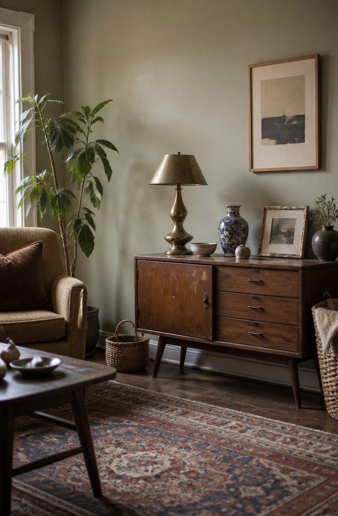 14 Budget Home Decor Ideas That Cost Almost Nothing 1 A brass lamp with a dented shade placed in a cozy living room.