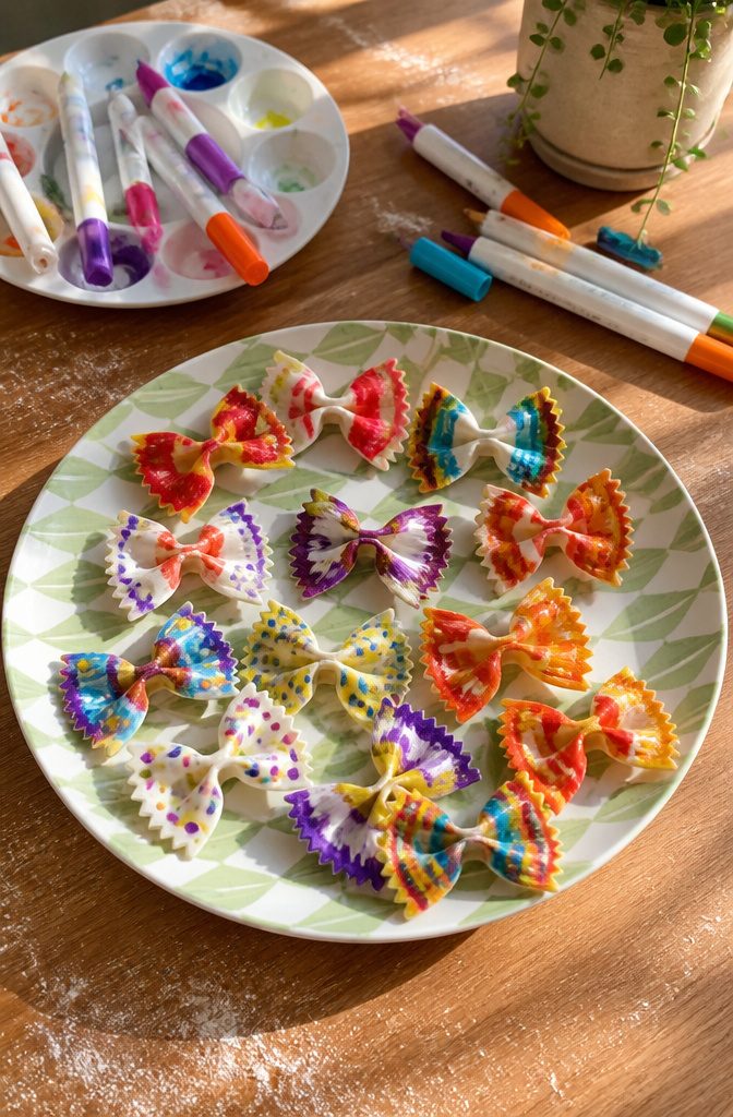 Butterfly Crafts for Kids: Simple Projects Using Household Supplies 7 A collection of painted bow tie noodle butterflies on a paper plate.
