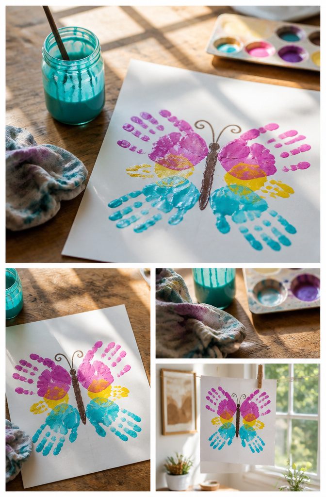 Butterfly Crafts for Kids: Simple Projects Using Household Supplies 8 Children's handprints on paper forming butterfly wings.