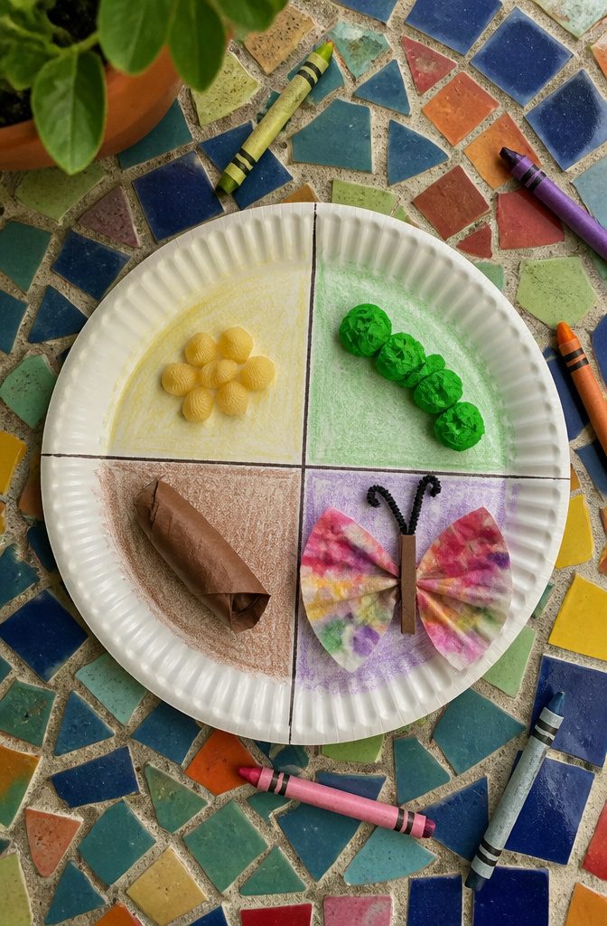 Butterfly Crafts for Kids: Simple Projects Using Household Supplies 2 A paper plate divided into sections illustrating the butterfly life cycle.