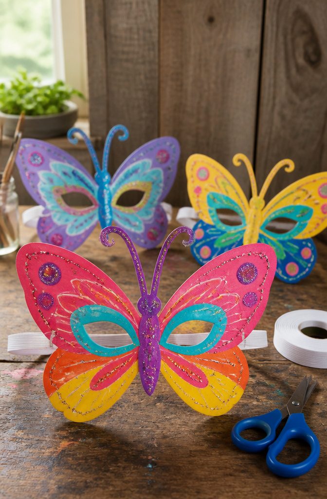 Butterfly Crafts for Kids: Simple Projects Using Household Supplies 5 A cardstock butterfly mask with eye holes and colorful decorations.