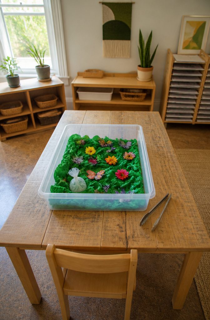 Butterfly Crafts for Kids: Simple Projects Using Household Supplies 10 A butterfly sensory bin with green fabric and toy butterflies.