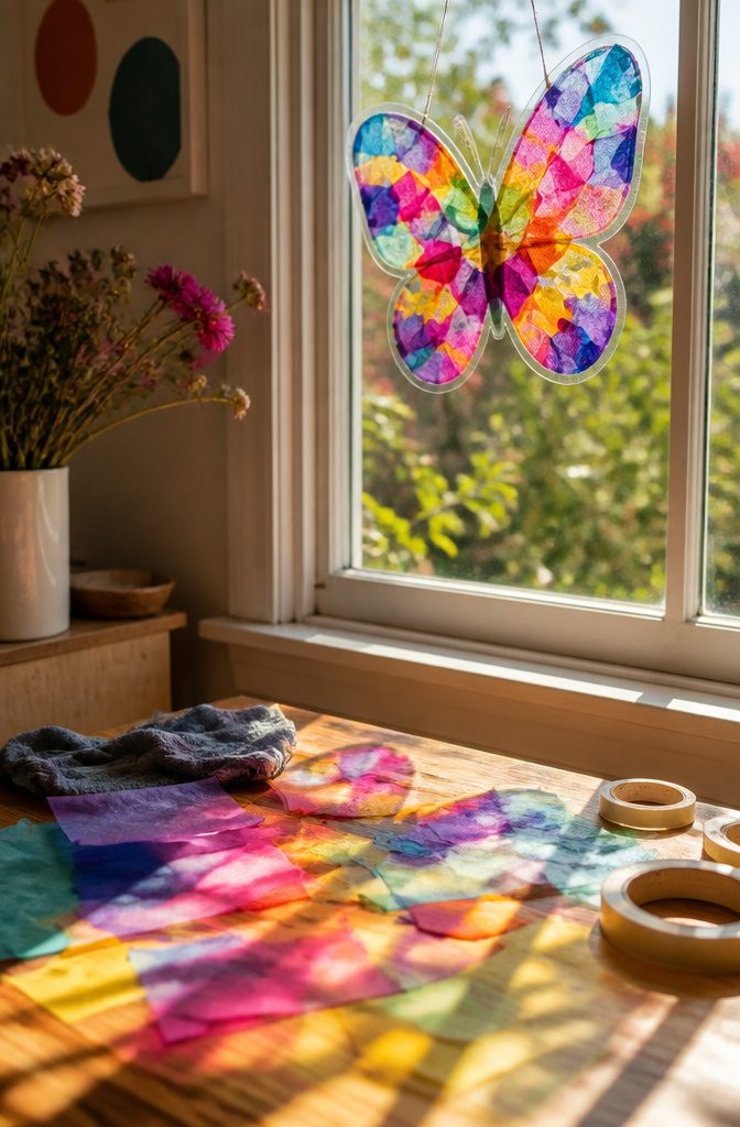 Butterfly Crafts for Kids: Simple Projects Using Household Supplies 4 A colorful butterfly suncatcher hanging in a sunlit window.