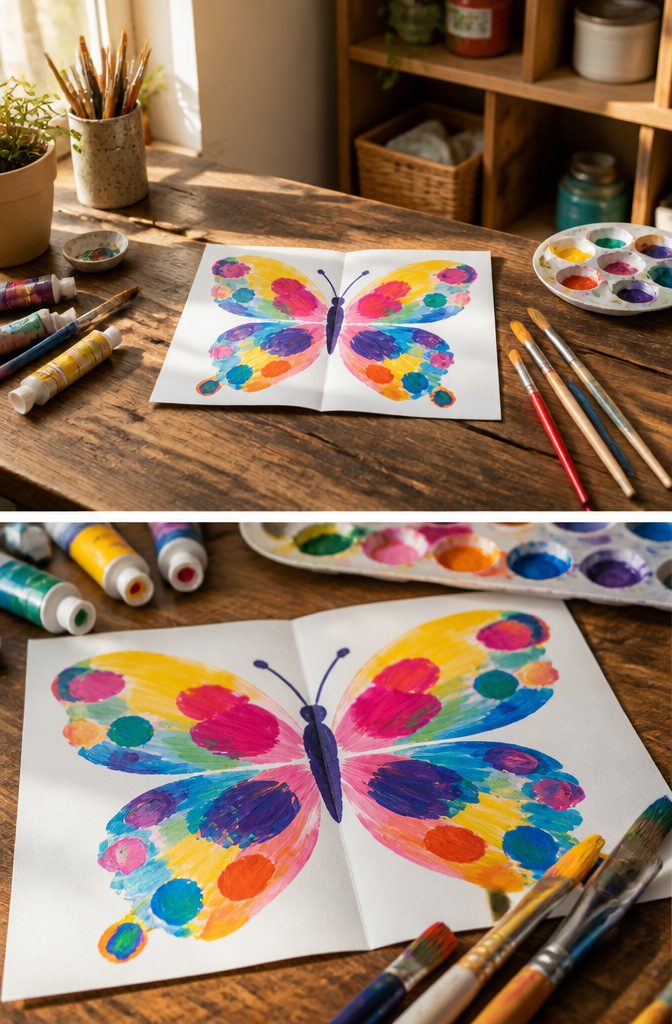 Butterfly Crafts for Kids: Simple Projects Using Household Supplies 9 A sheet of paper with one half painted, ready to be folded.